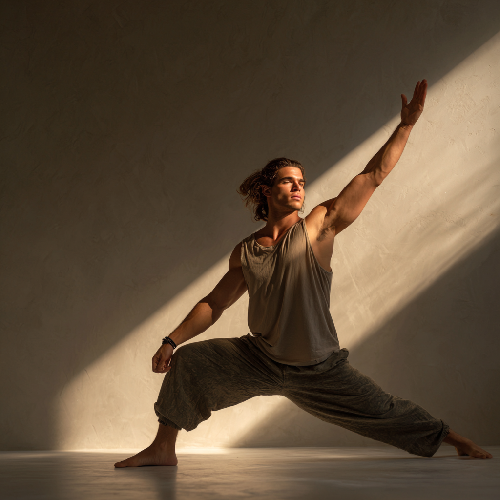 Fiatal magyar férfi warrior III pózban, stúdió környezetben, koncentráltan gyakorol, természetes fényben